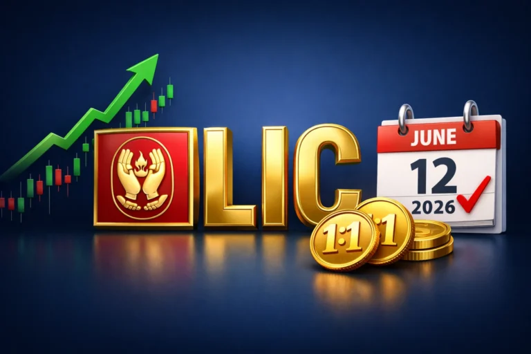 LIC Bonus Issue,LIC board approves 1:1 bonus issue with shares credited by June 12, 2026. Feature image shows gold coins with 1:1 ratio and calendar date.